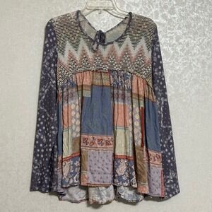 Sugarfox Patchwork Mixed Print Babydoll Top Keyhole Back Boho Cottagecore 1X